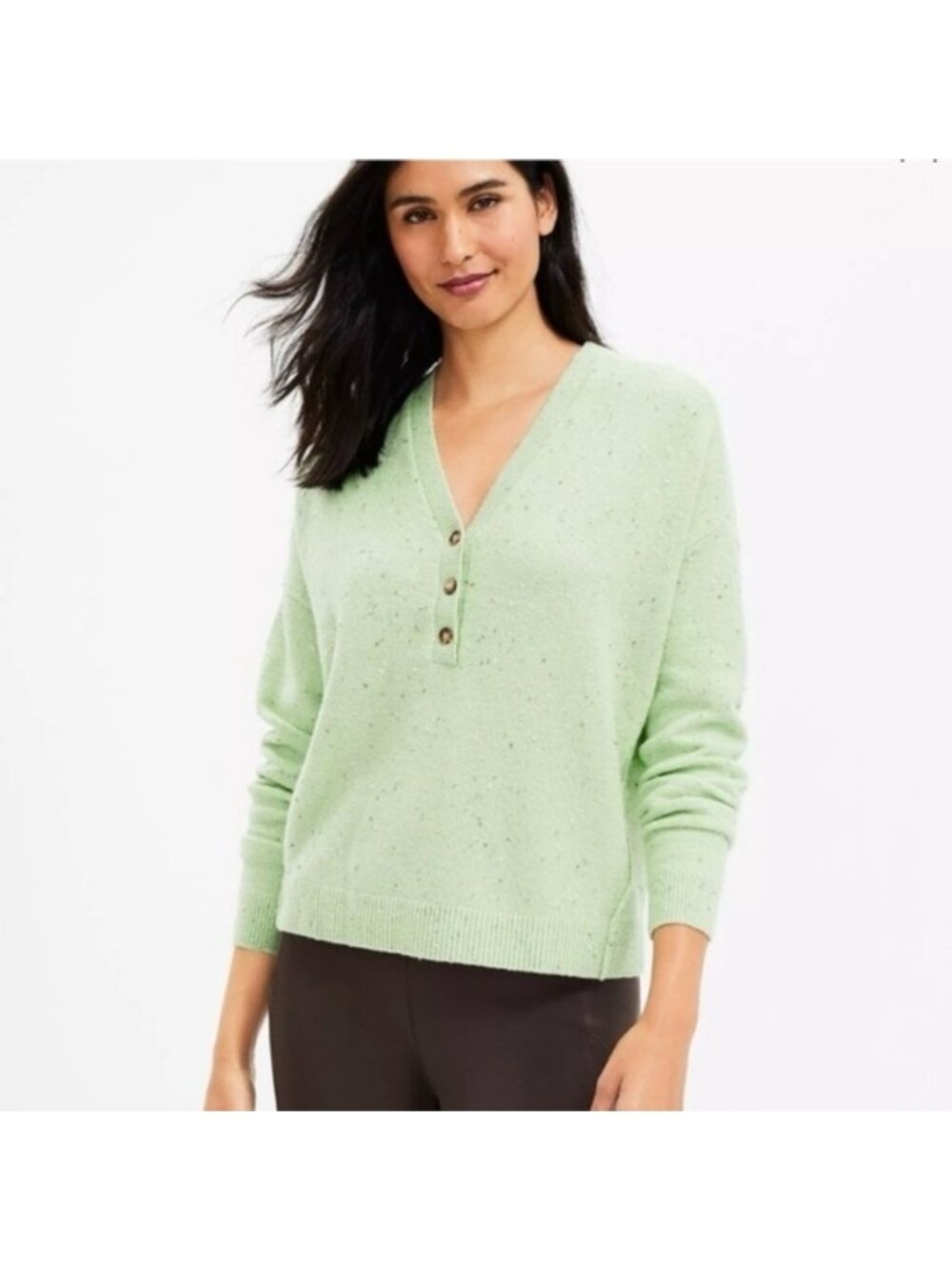 Loft Green Speckle Oversized V-Neck Knit Sweater Soft Cozy Womens Size Large